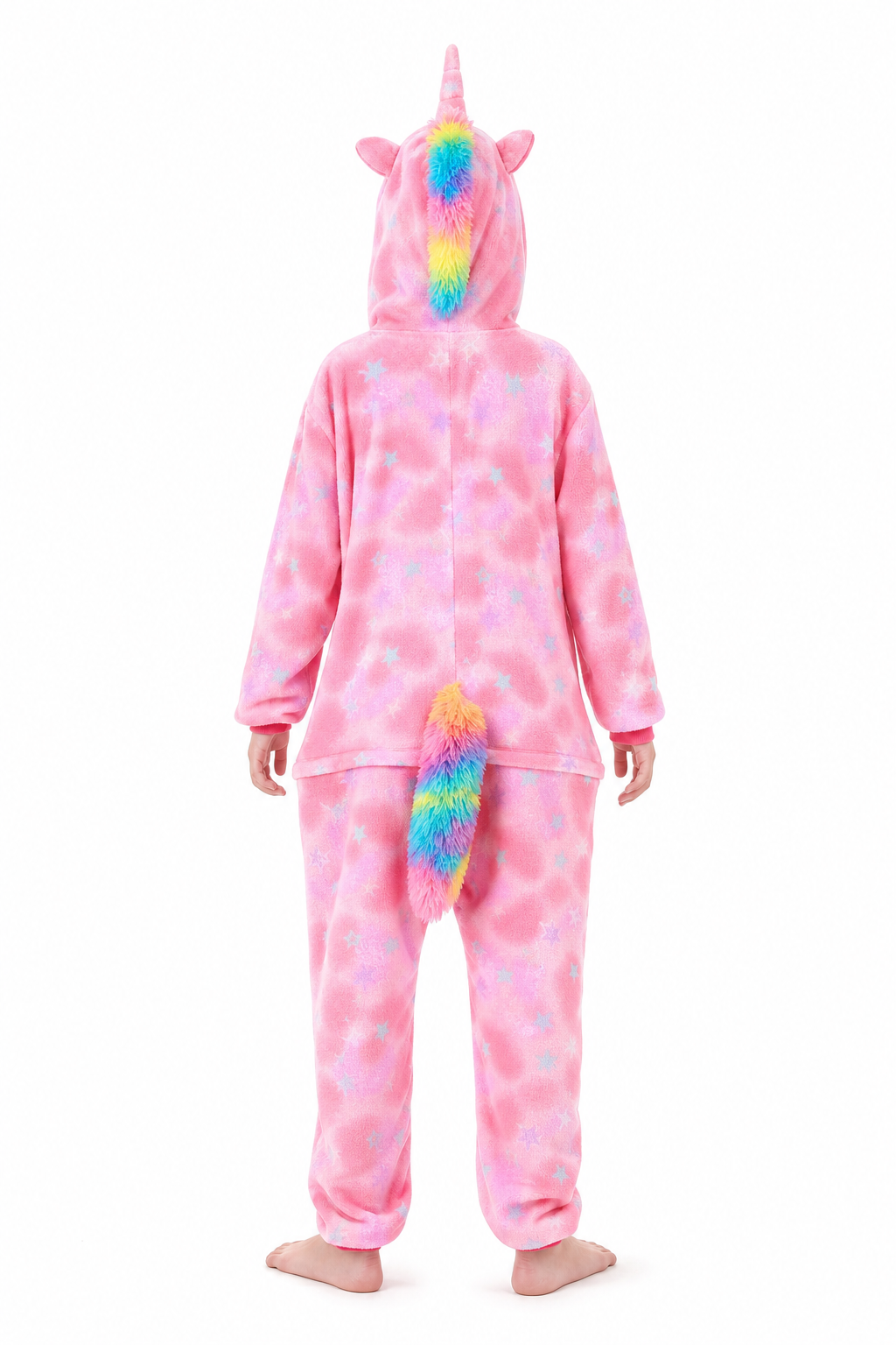 Kids' Hooded Pink Tie-Dye Rainbow-Tail Unicorn Plush Kigurumi Onesie