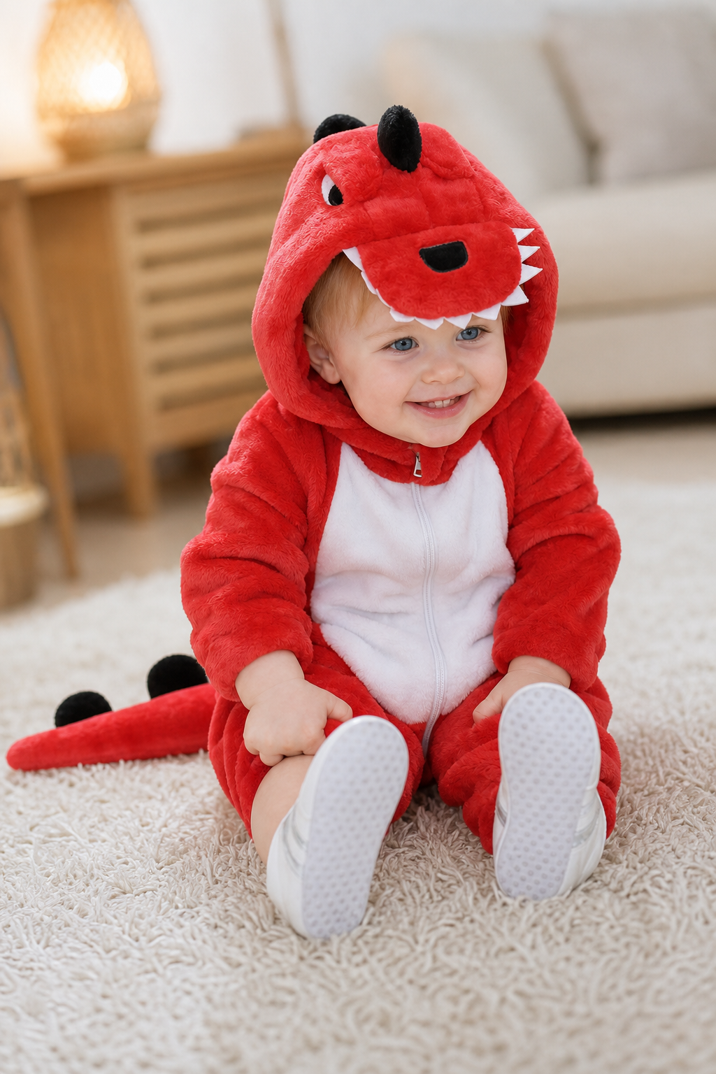 Baby Red Plush Dinosaur Hooded Onesie