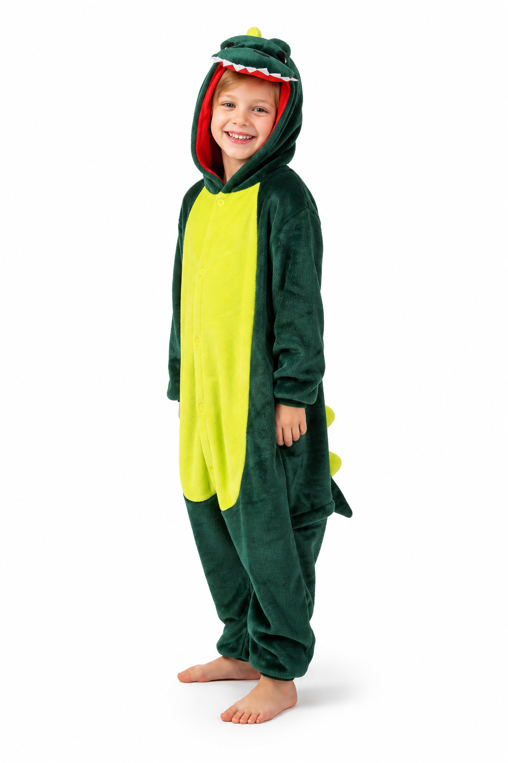 Kids' Hooded Dark Green & Yellow Dinosaur Kigurumi Pajama Onesie