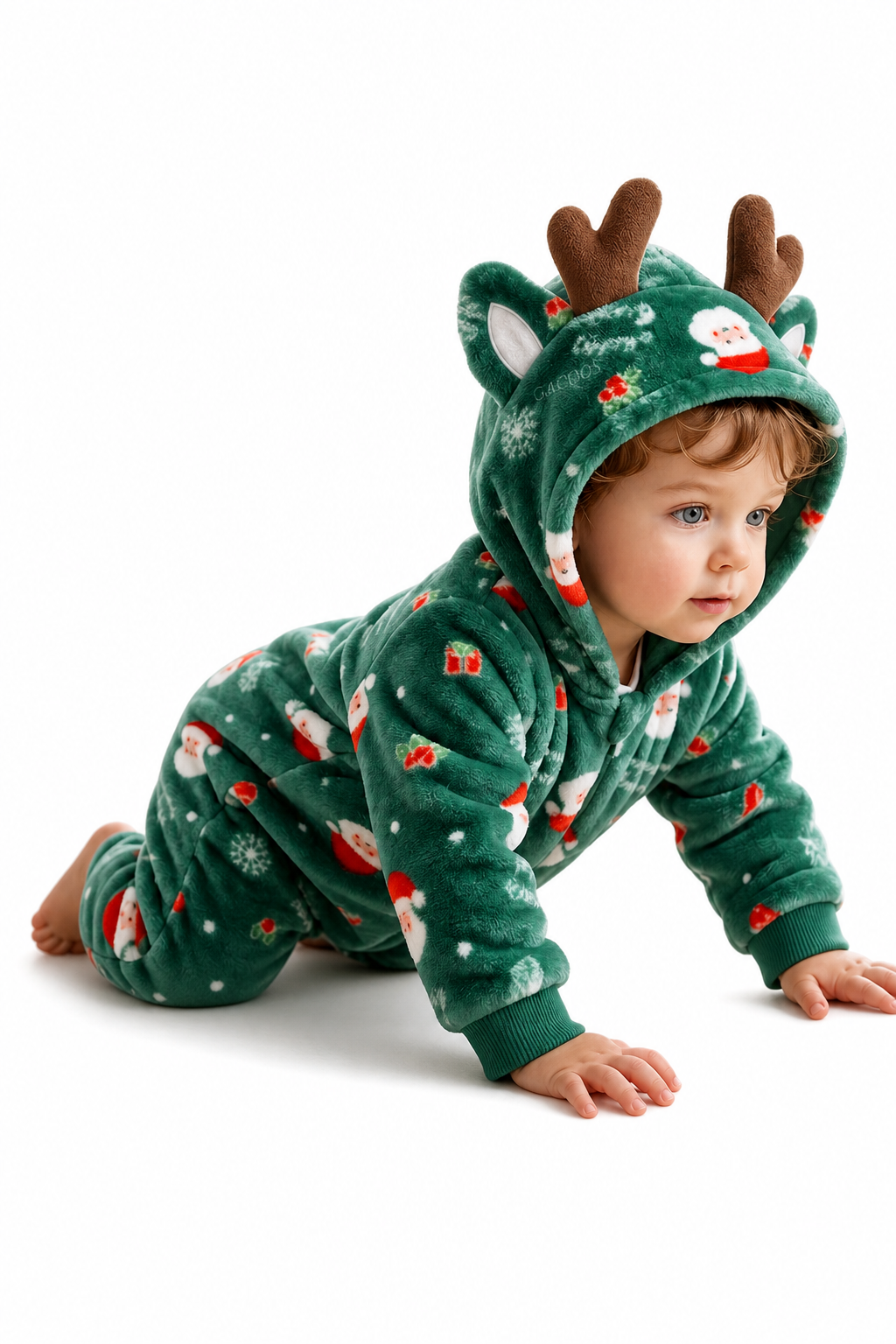 Baby Plush Green Santa Reindeer Hooded Onesie