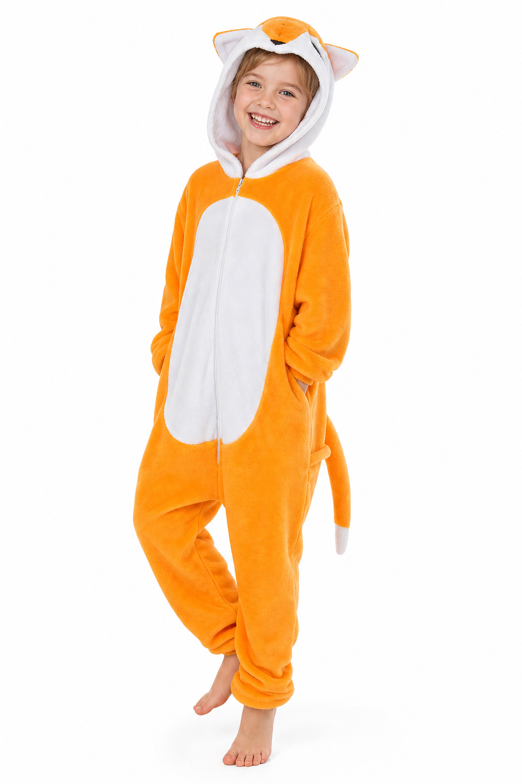 Kids' Hooded Bright Orange Fox Kigurumi Pajama Onesie
