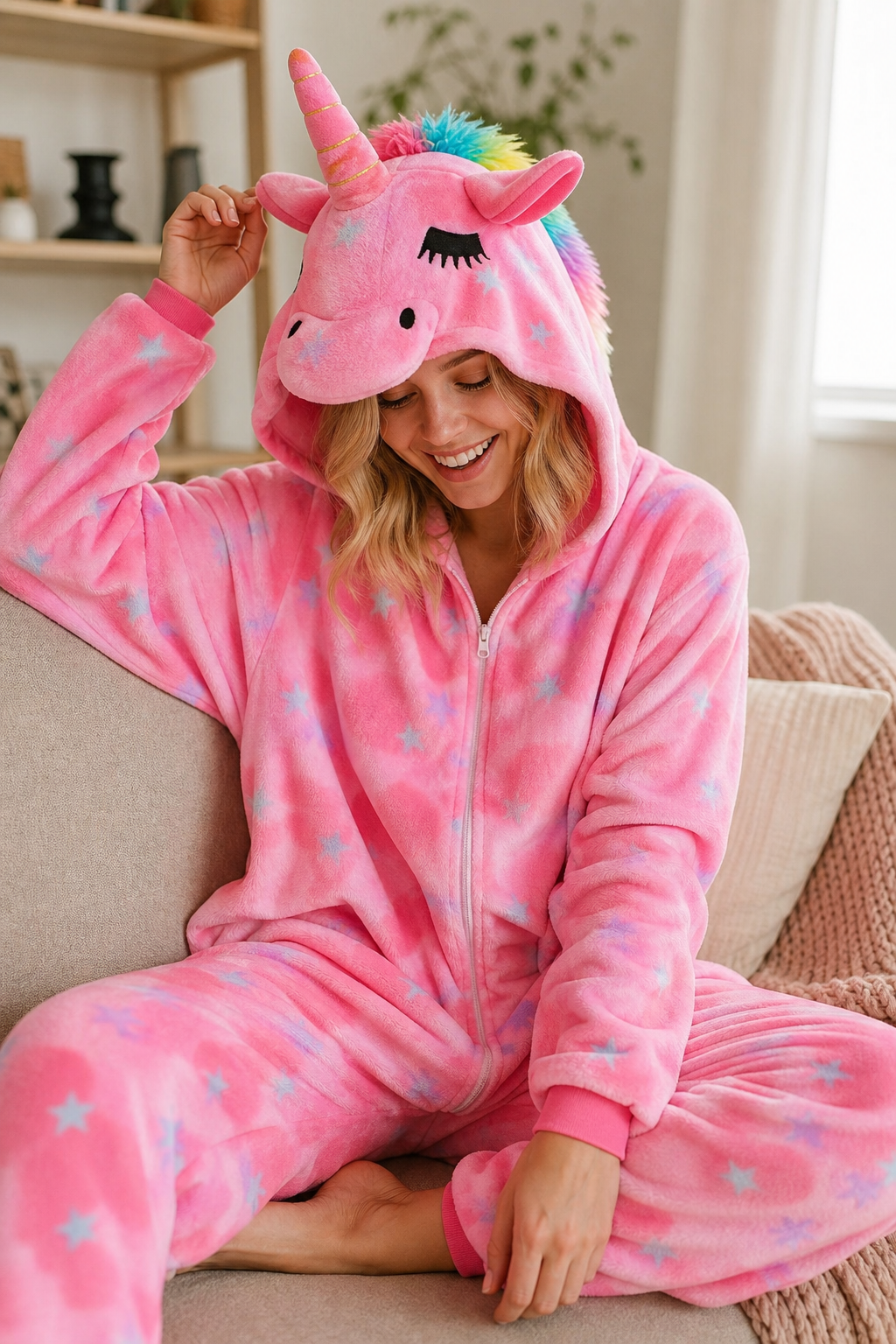 Adult Hooded Pink Starry Unicorn Kigurumi Onesie