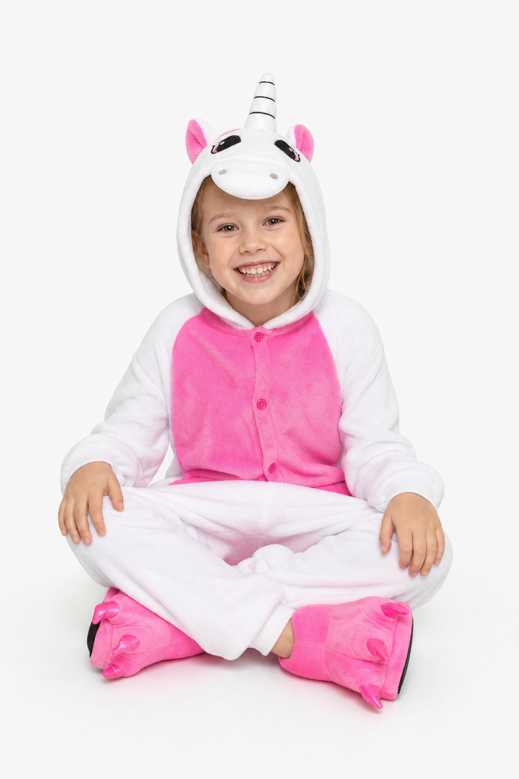 Kids' Hooded White and Bright Pink Unicorn Kigurumi Costume Onesie