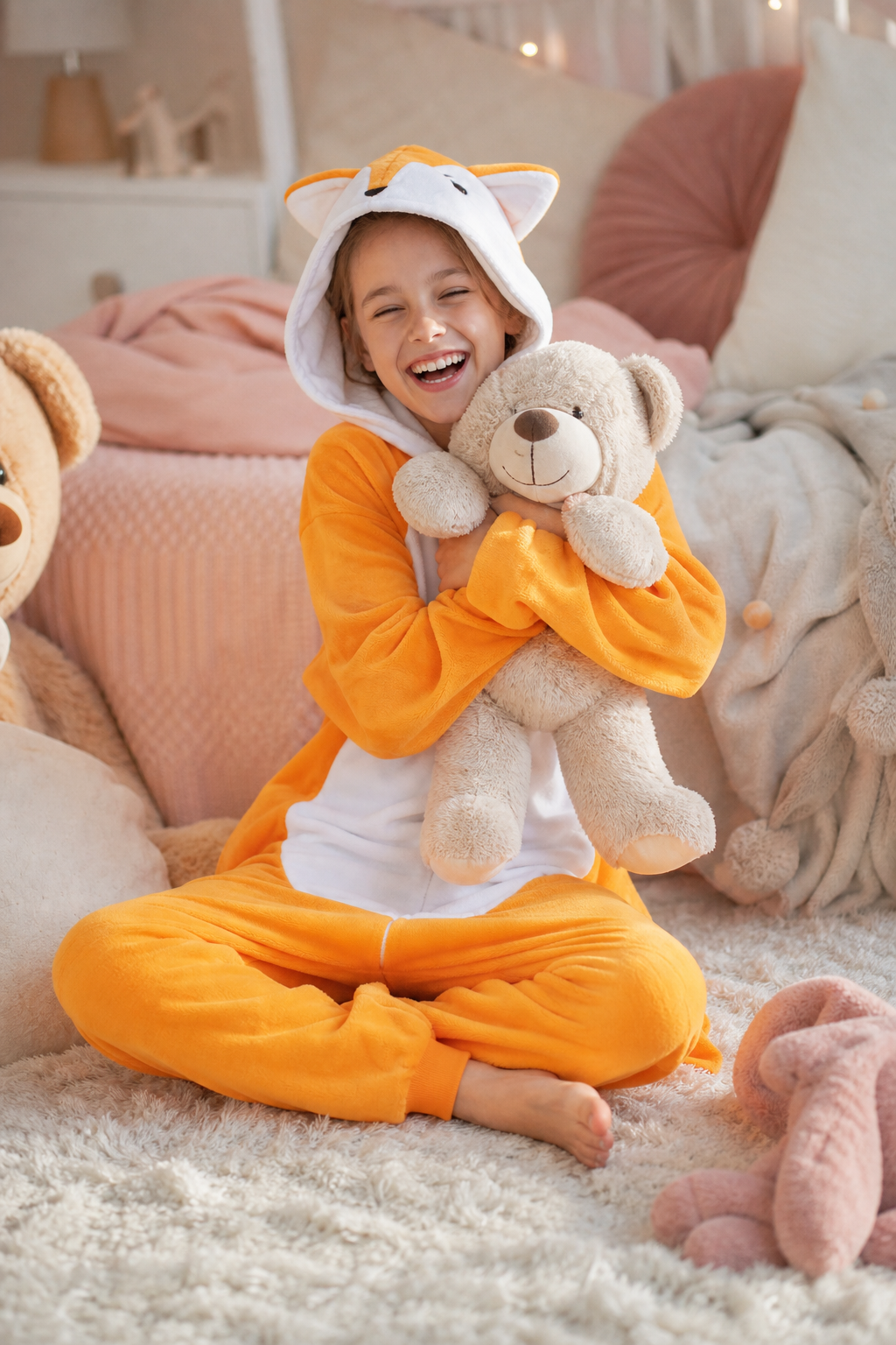 Kids' Hooded Bright Orange Fox Kigurumi Pajama Onesie