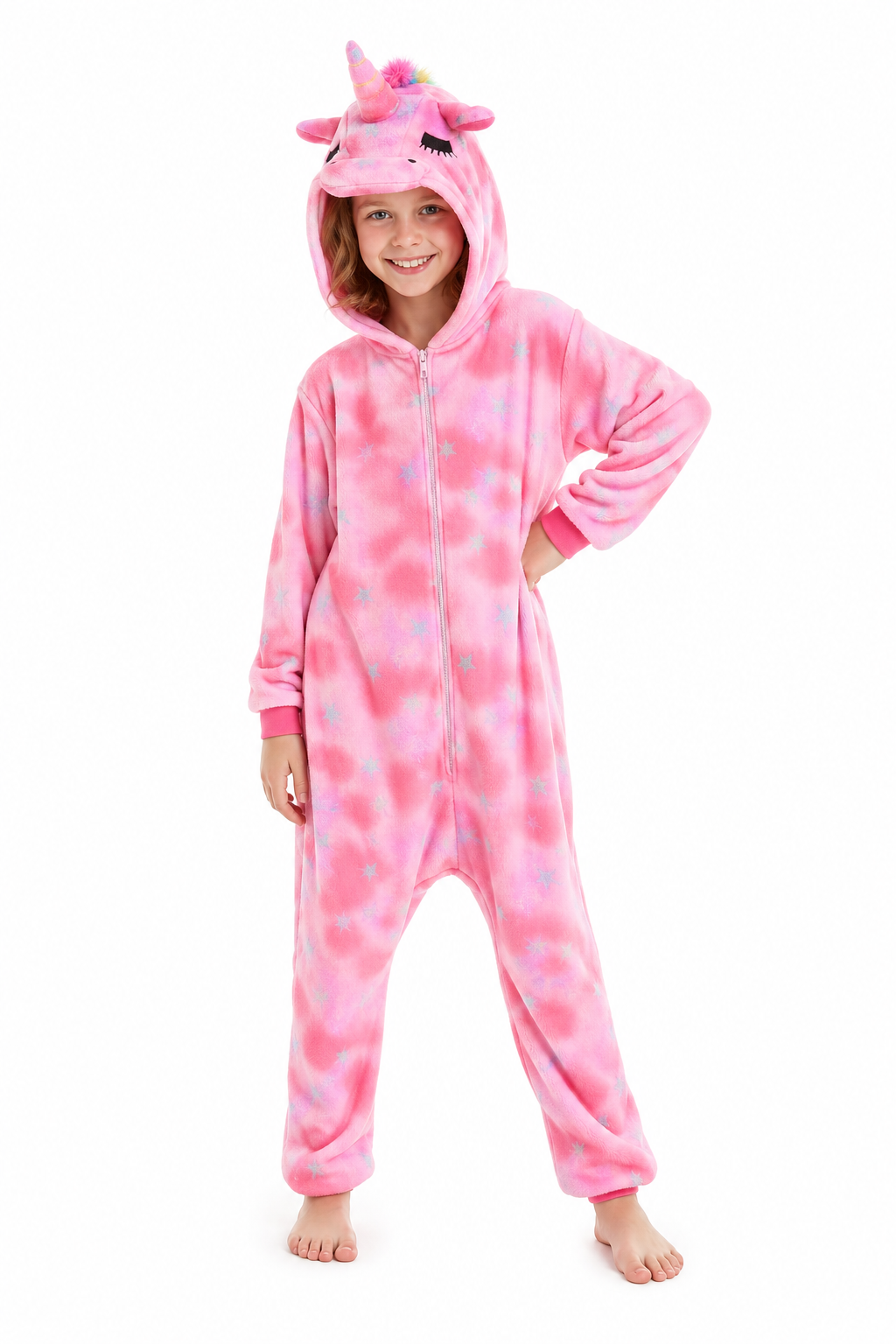 Kids' Hooded Pink Tie-Dye Rainbow-Tail Unicorn Plush Kigurumi Onesie