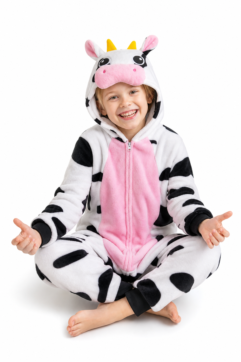 Kids' Hooded Pink Belly Cow Plush Kigurumi Onesie
