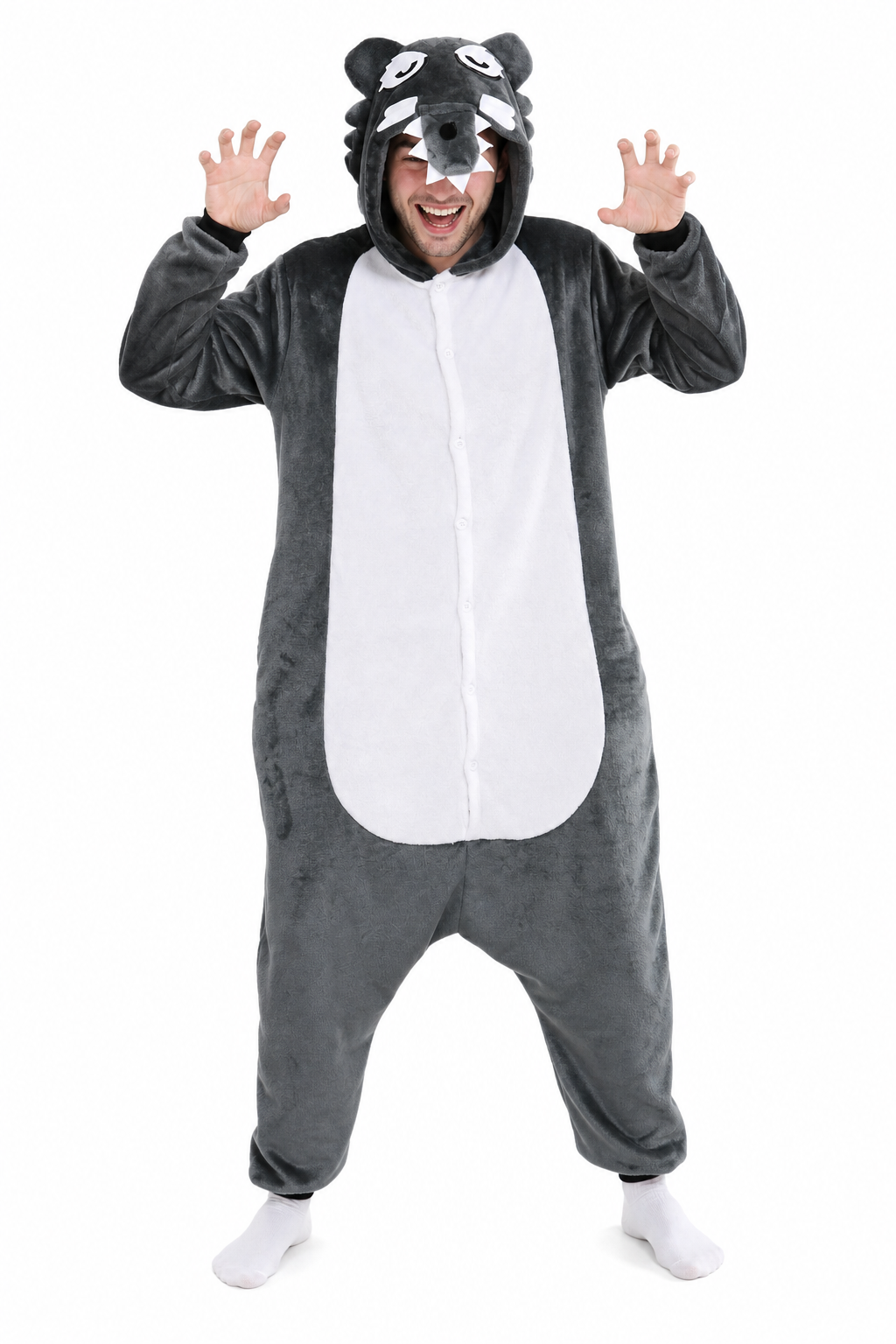 Adult Unisex Gray Plush Wolf Onesie