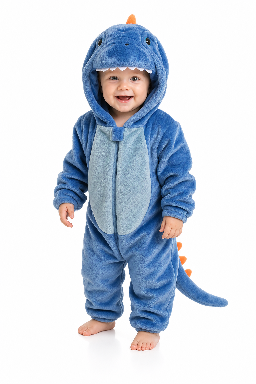 Baby Blue Plush Hooded Dinosaur Romper