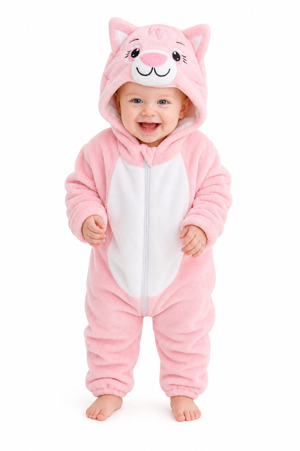 Baby Pink Cat Plush Hooded Romper