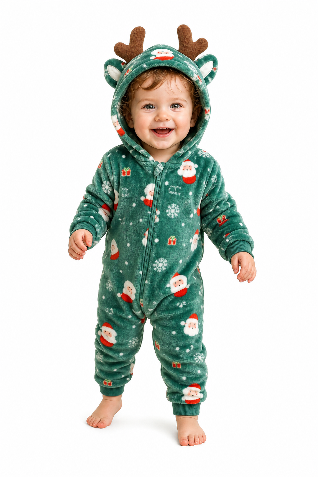 Baby Plush Green Santa Reindeer Hooded Onesie