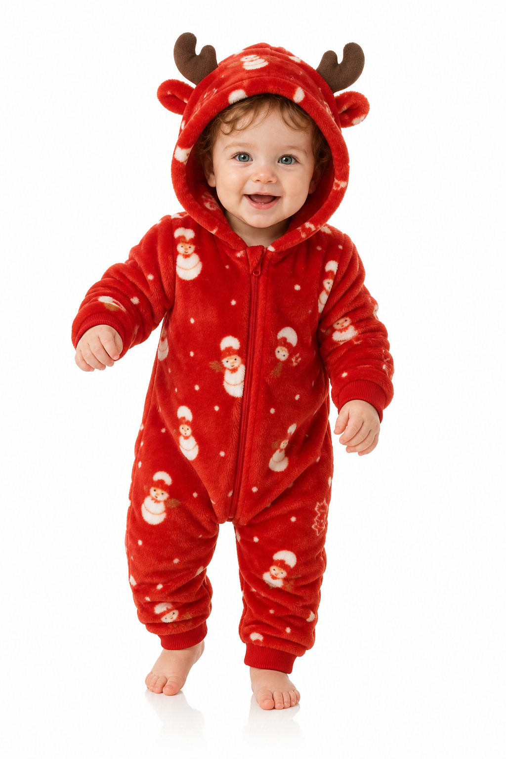Baby Red Plush Snowman Reindeer Hooded Onesie