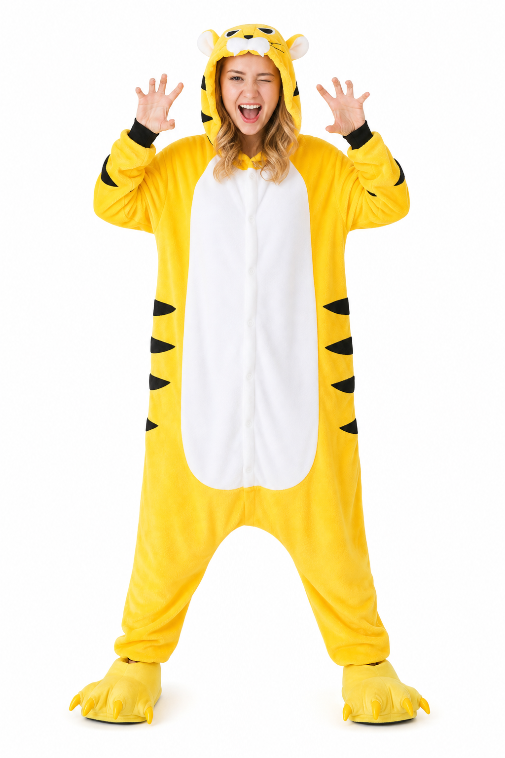 Cozy Yellow Tiger Plush Kigurumi with Paw Slippers