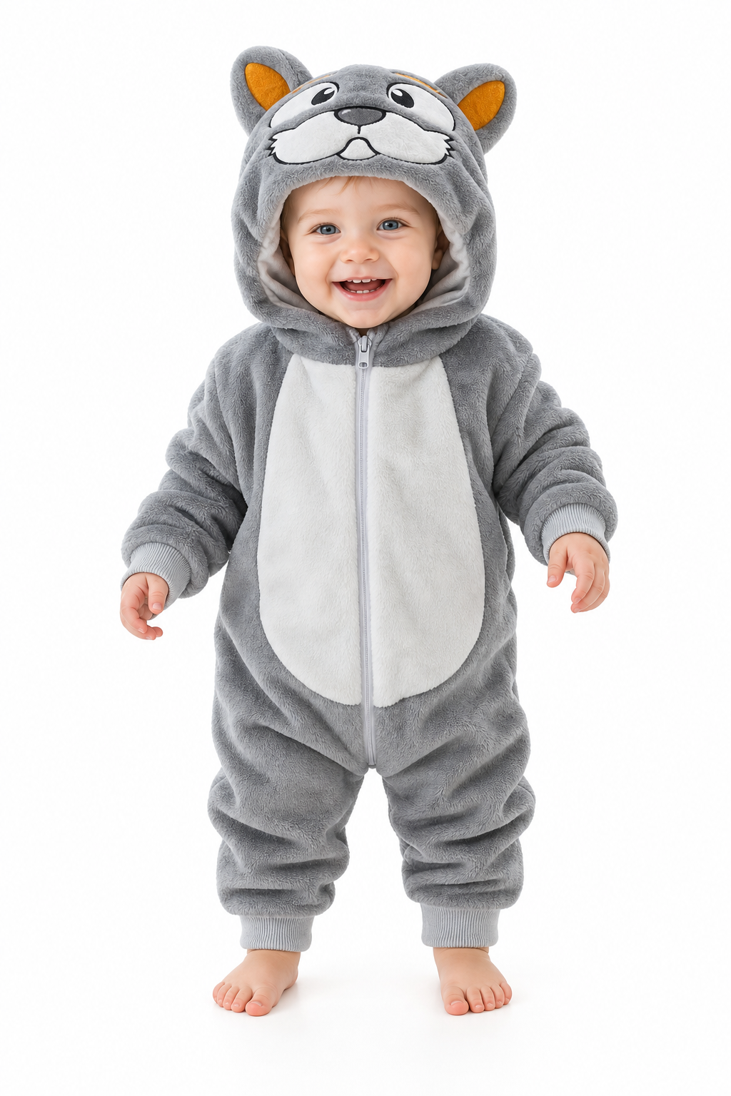 Cute Gray Plush Animal Hooded Baby Jumpsuit