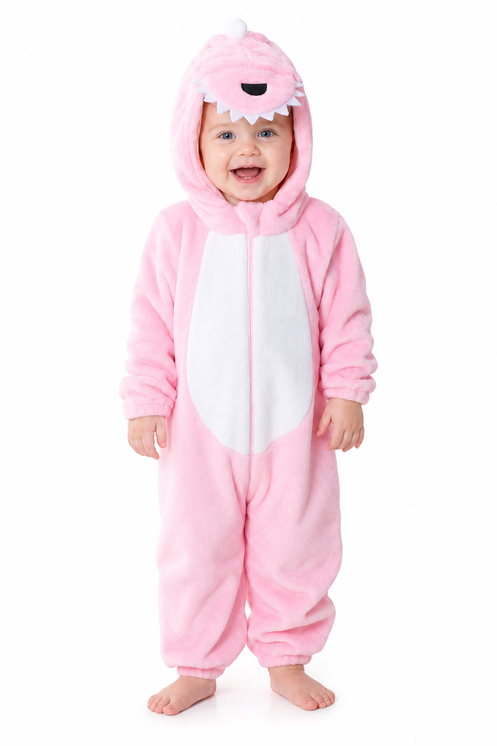 Cute Pink Plush Hooded Baby Monster Jumpsuit