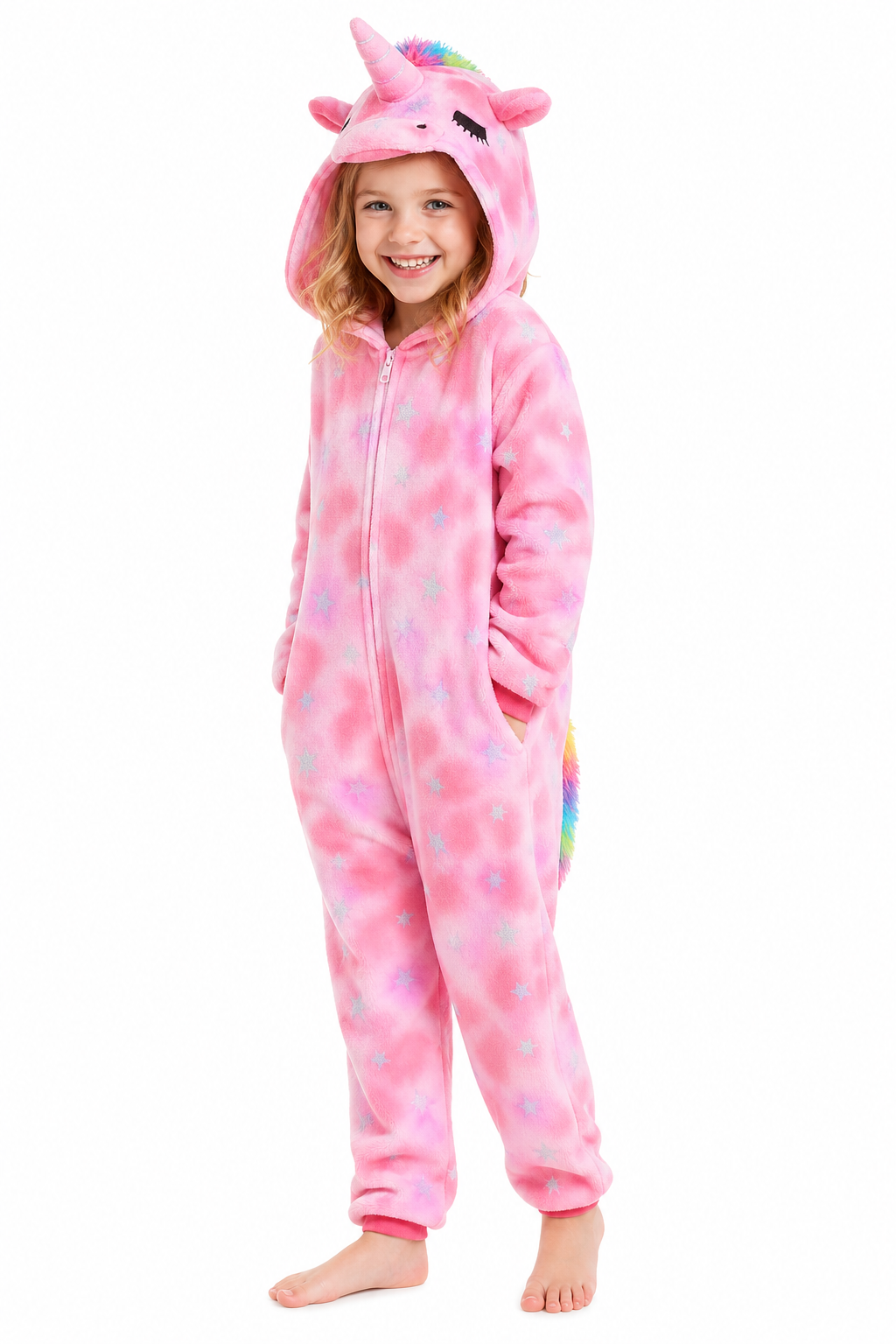Girl's Pink Unicorn Plush Onesie with Glitter Stars