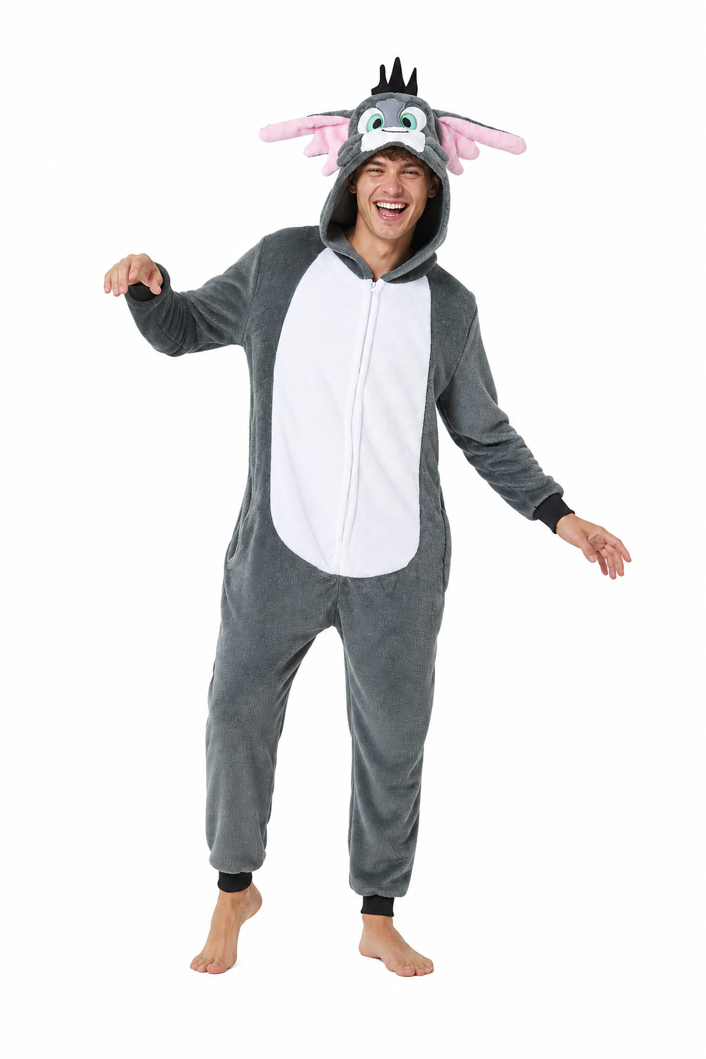 Gray Plush Tom Cat Kigurumi Hooded Jumpsuit