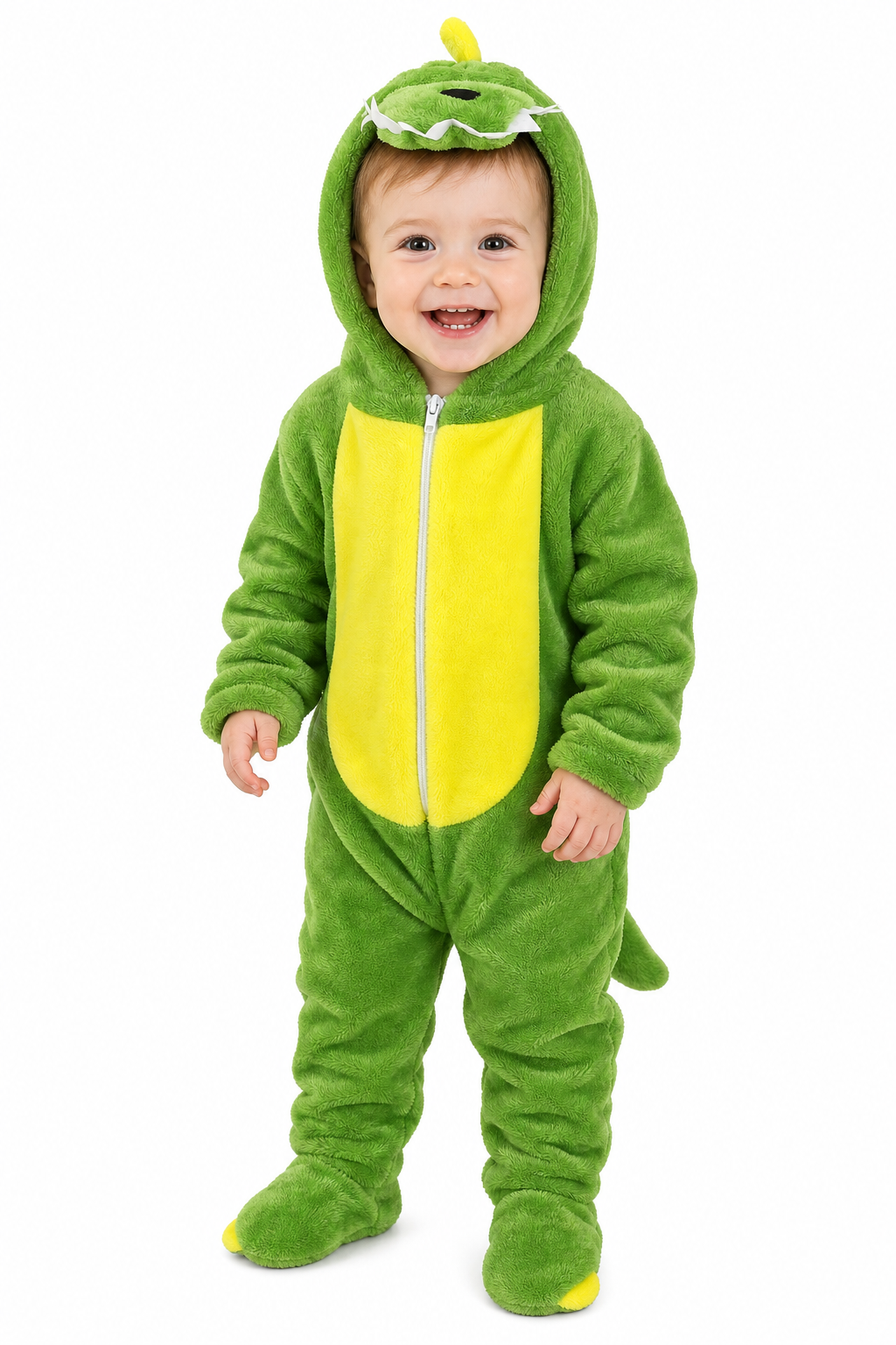 Green Plush Hooded Dinosaur Baby Jumpsuit with Feet