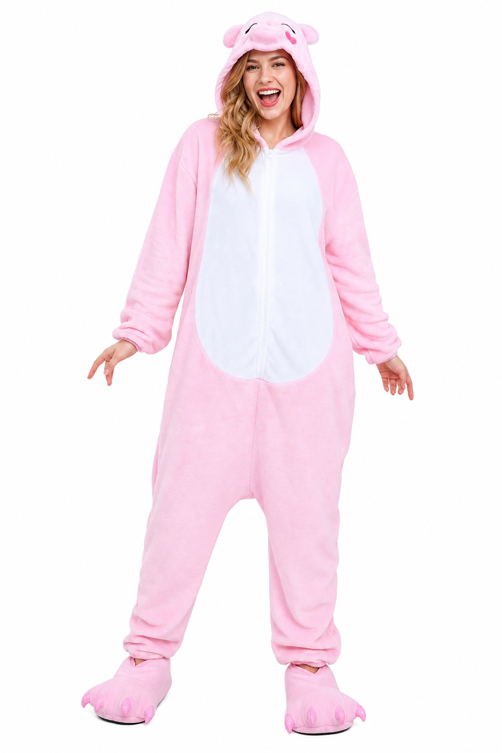 Hooded Pink Pig Plush Kigurumi with Claw Feet
