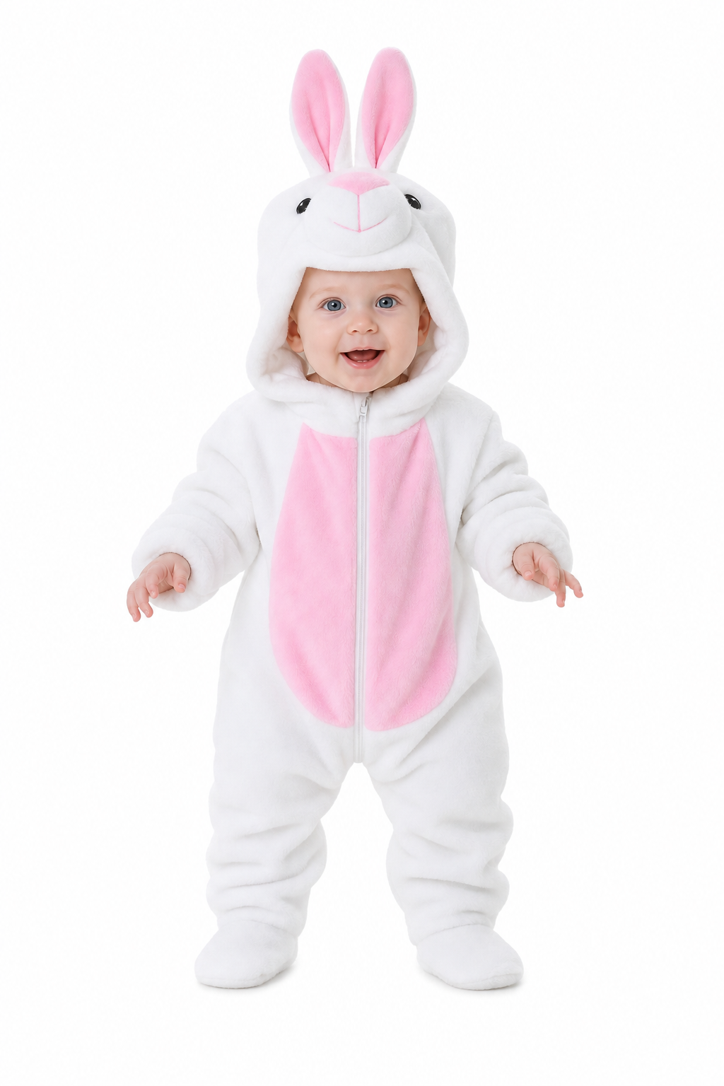 Infant White Rabbit Plush Onesie with Pink Belly