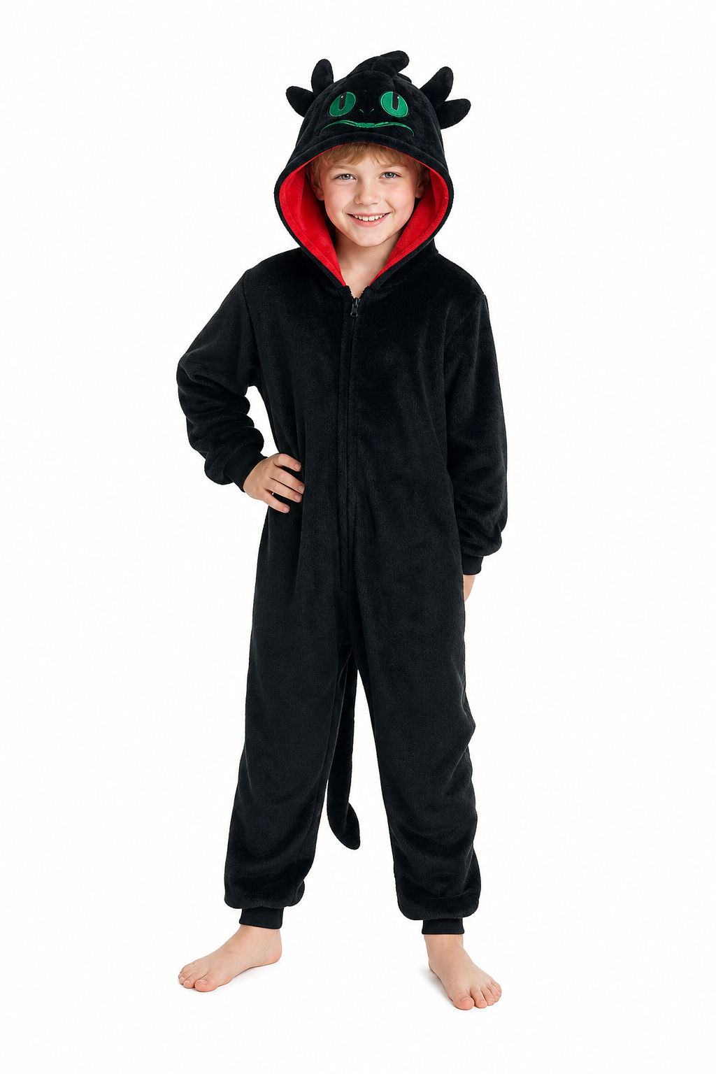 Kids' Black Plush Toothless Dragon Jumpsuit with Tail