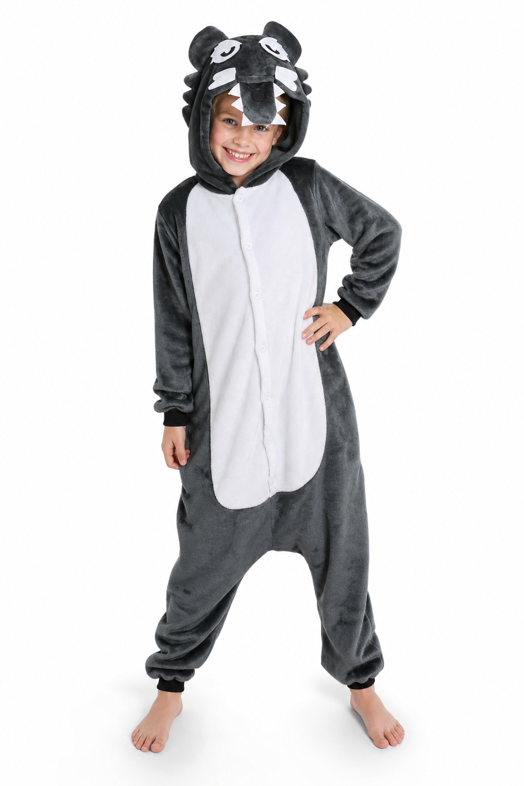 Kids' Cozy Gray Wolf Hooded Plush Onesie