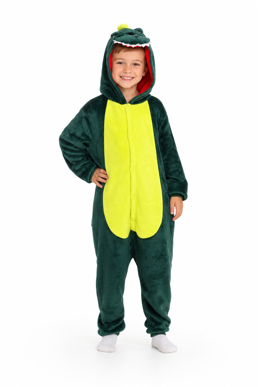 Kids' Dark Green & Yellow Plush Dinosaur Onesie