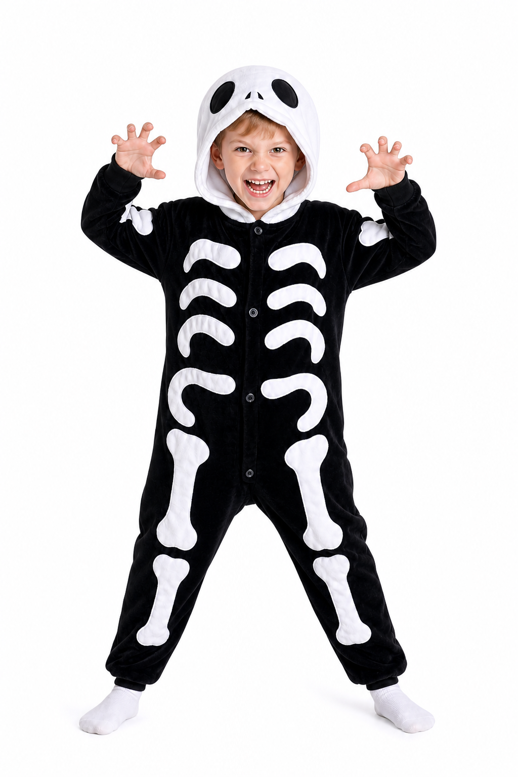 Kids Hooded Black Skeleton Plush Costume