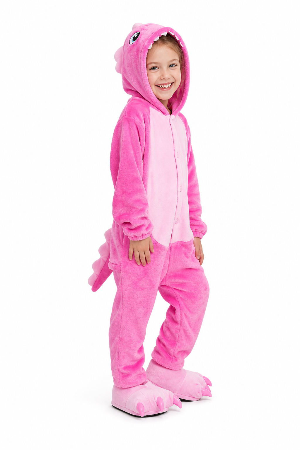 Kids' Pink Plush Monster Kigurumi with Claw Slippers