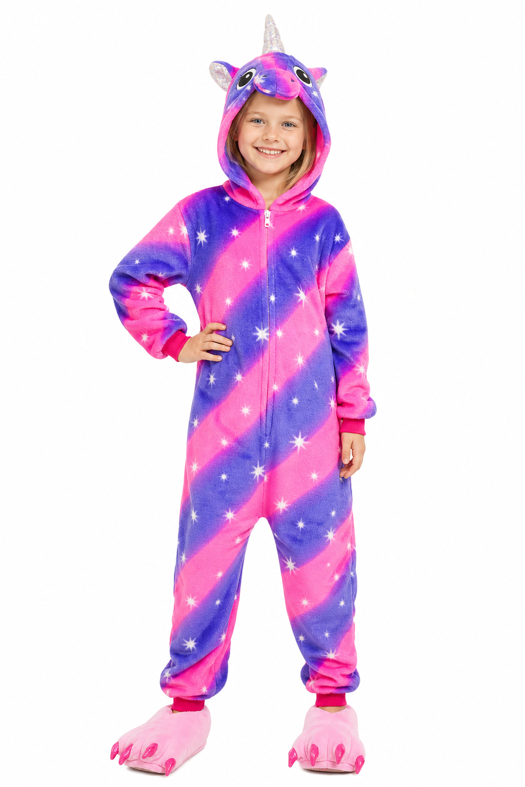 Kids' Pink Purple Star Unicorn Fleece Onesie