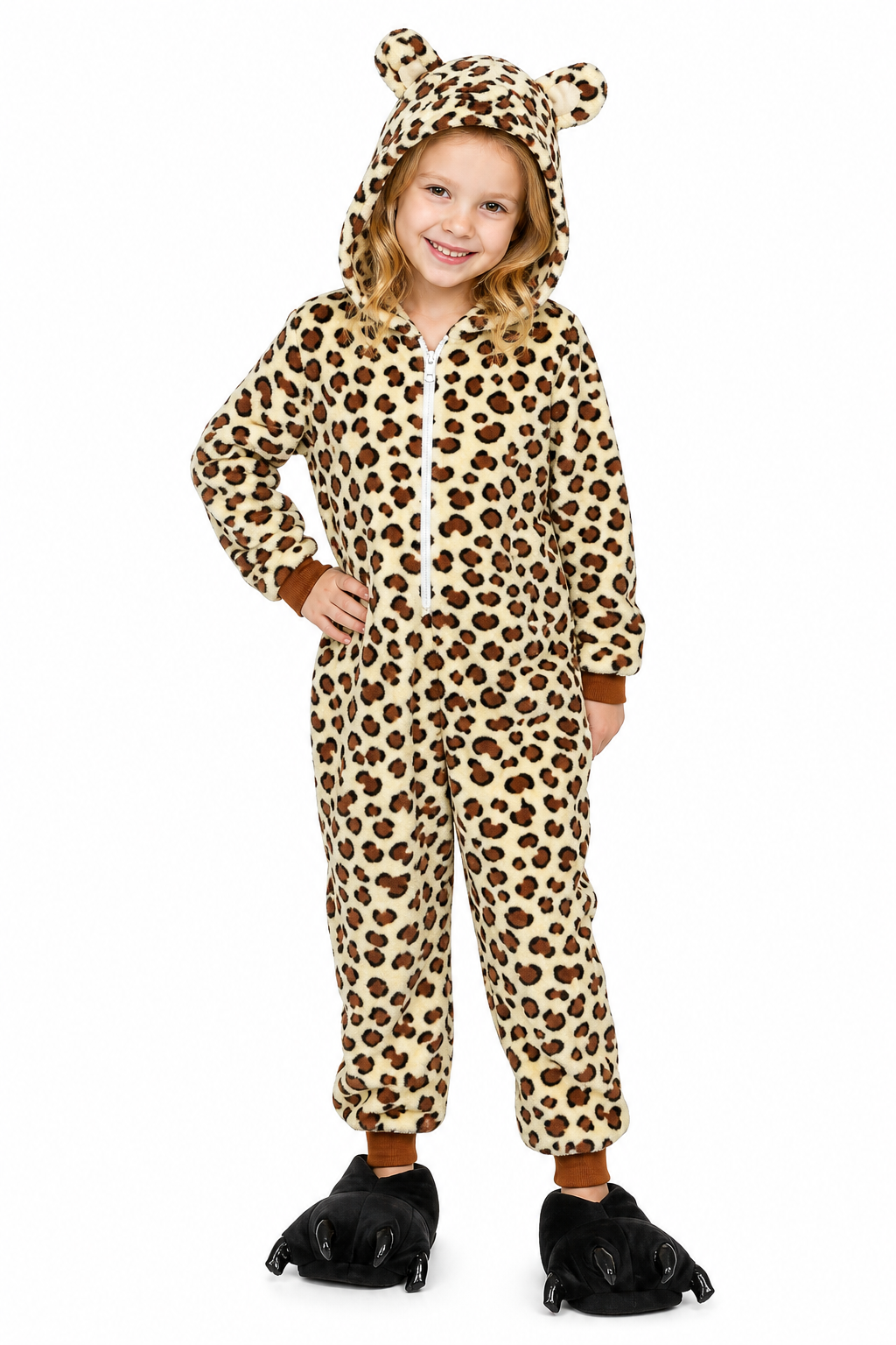 Kids' Plush Hooded Leopard Print Onesie