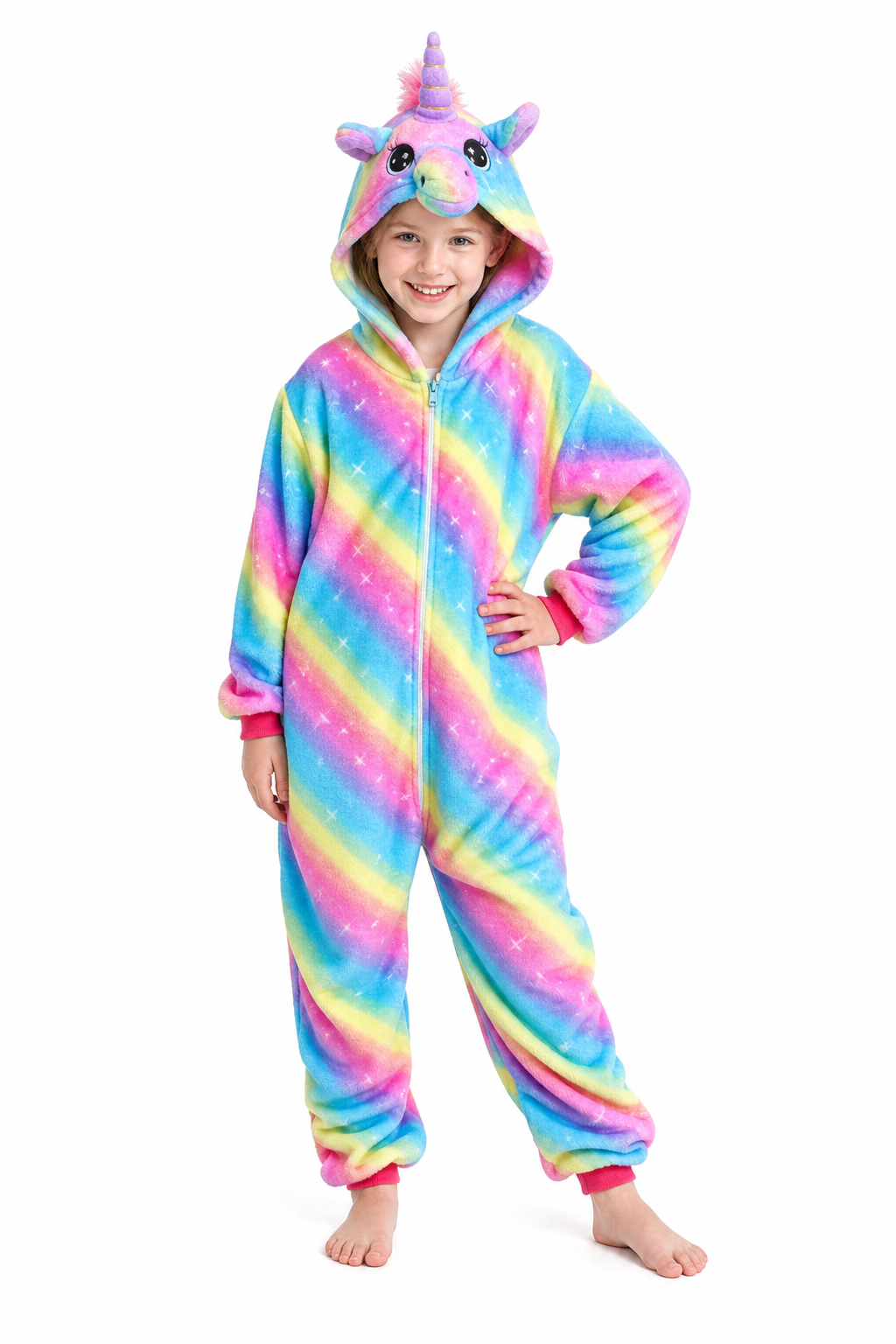 Kids' Plush Rainbow Stripe Unicorn Hooded Onesie