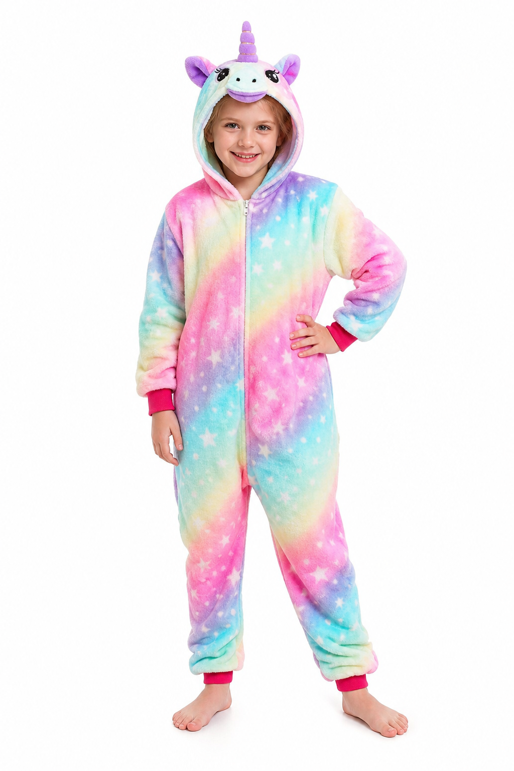 Kids' Plush Unicorn Hooded Onesie with Pastel Rainbow Stars
