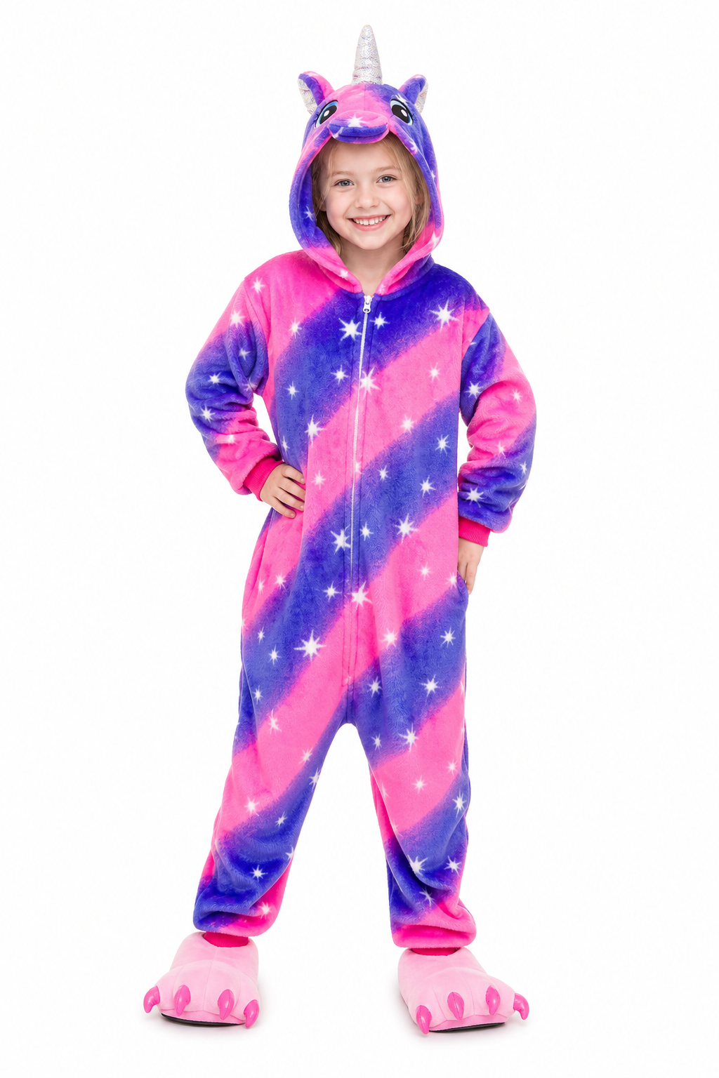 Kids' Plush Unicorn Onesie with Pink Purple Stars