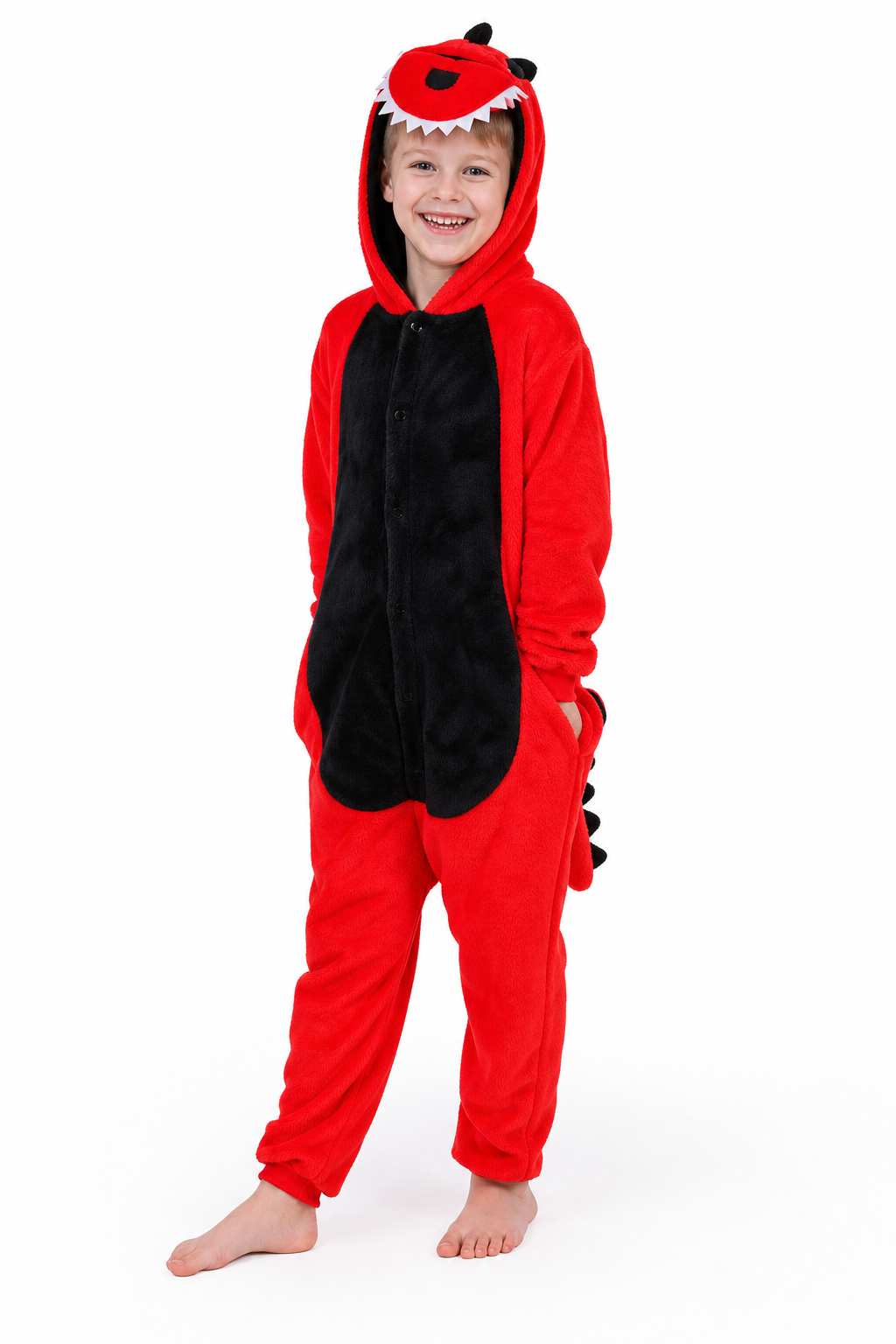 Kids' Red and Black Dinosaur Plush Kigurumi