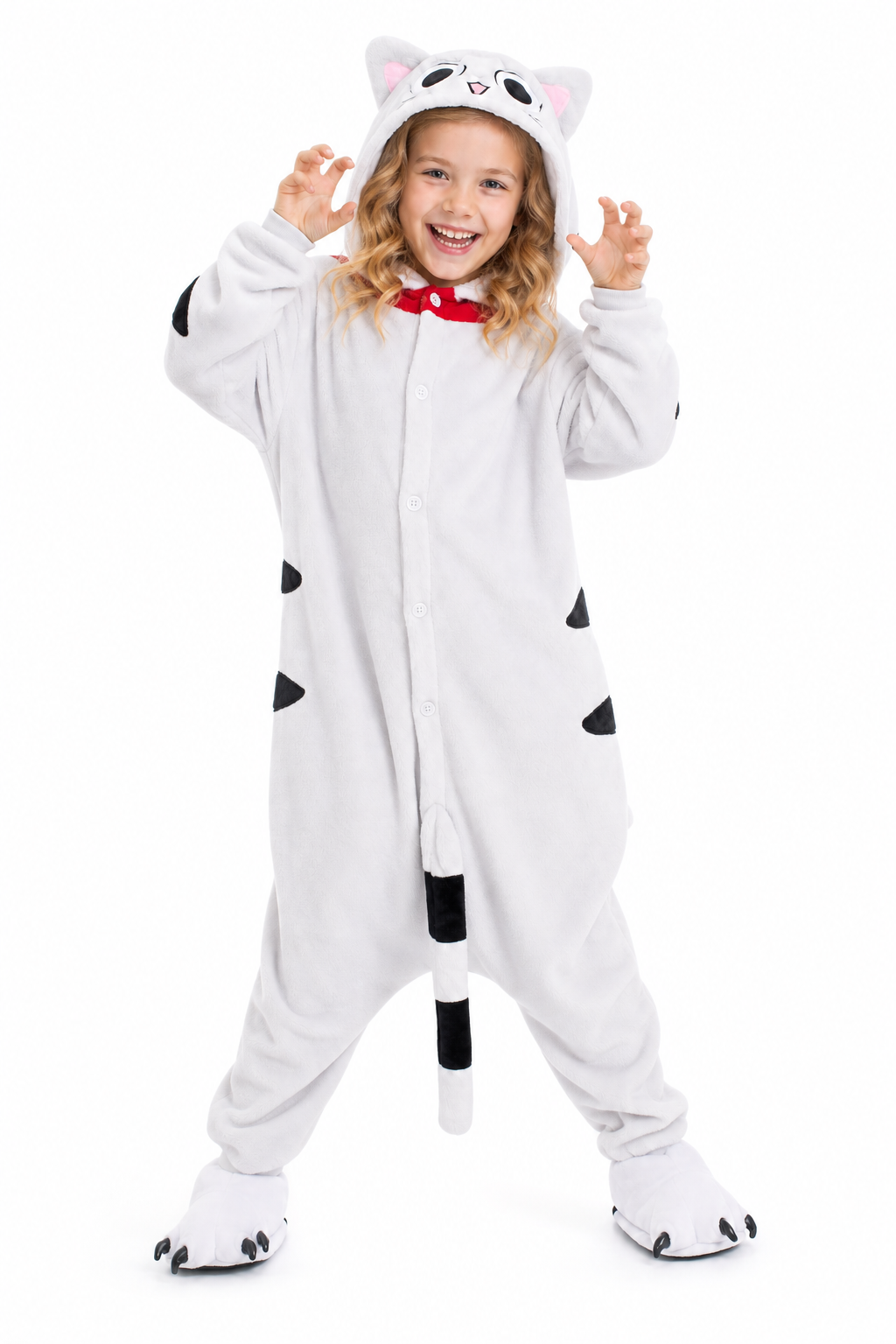 Kids' White Plush Cat Kigurumi with Black Spots