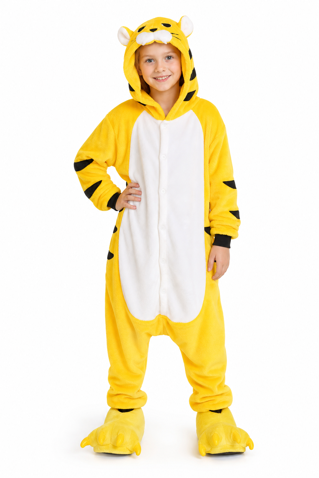 Kids Yellow Tiger Plush Kigurumi with Paws