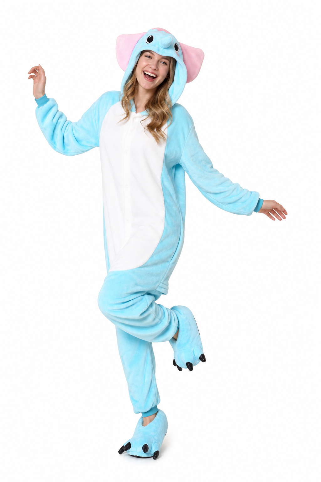 Light Blue Plush Elephant Kigurumi with Pink Ears