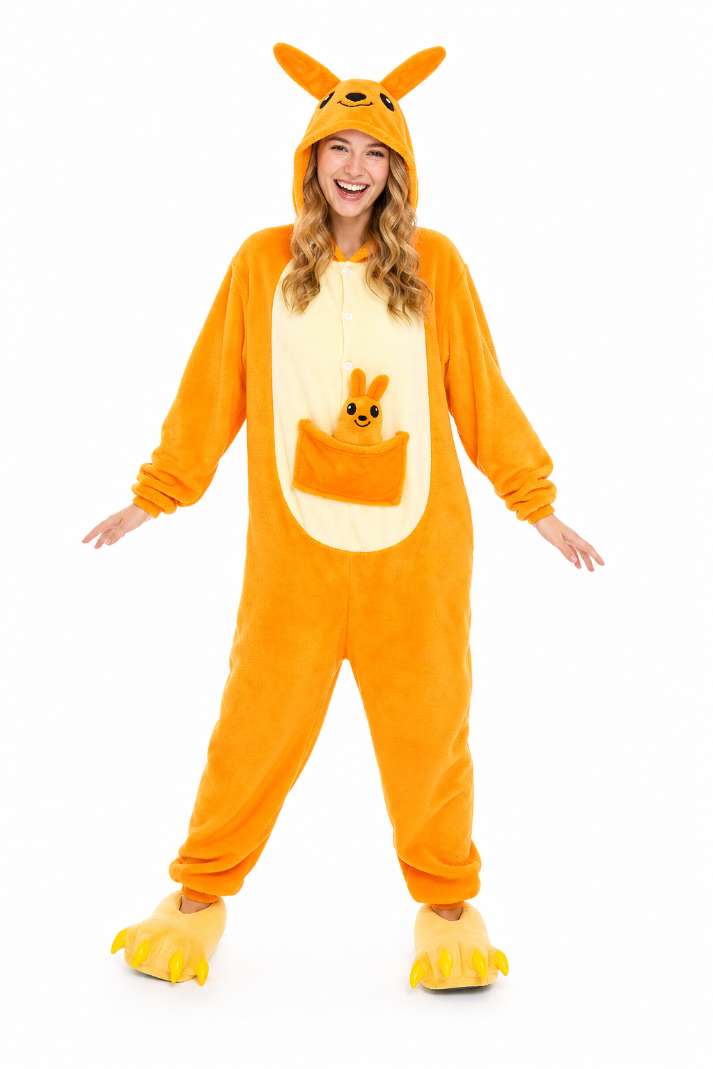 Orange Kangaroo Kigurumi with Joey and Claw Slippers