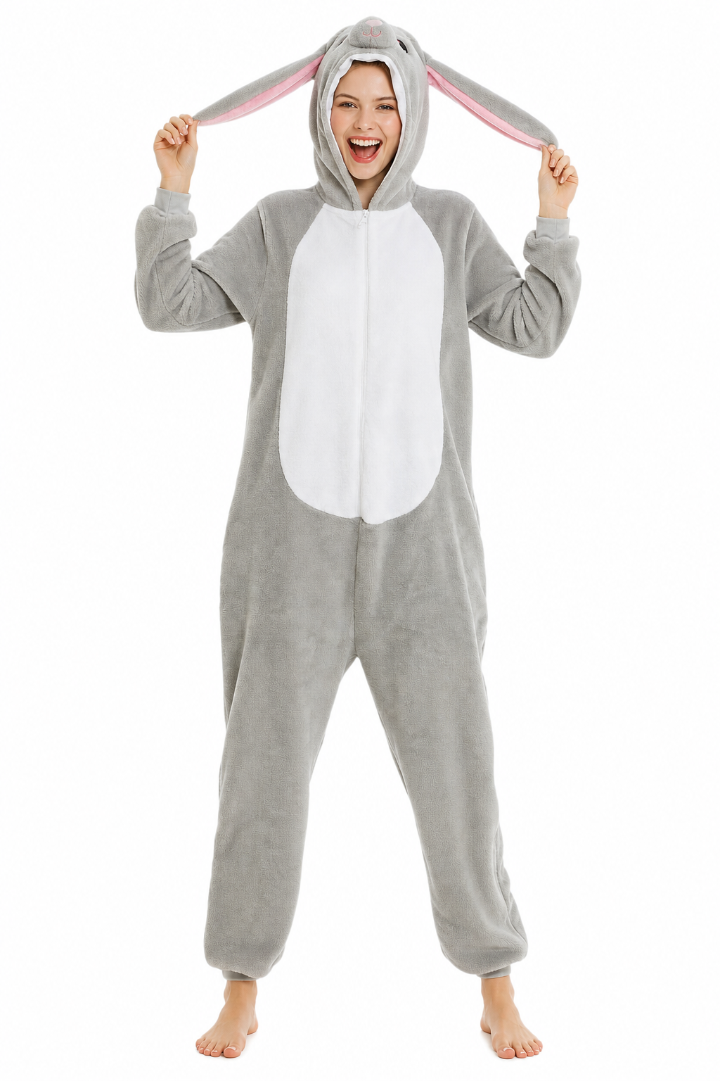 Plush Grey Bunny Kigurumi Onesie with Hooded Ears