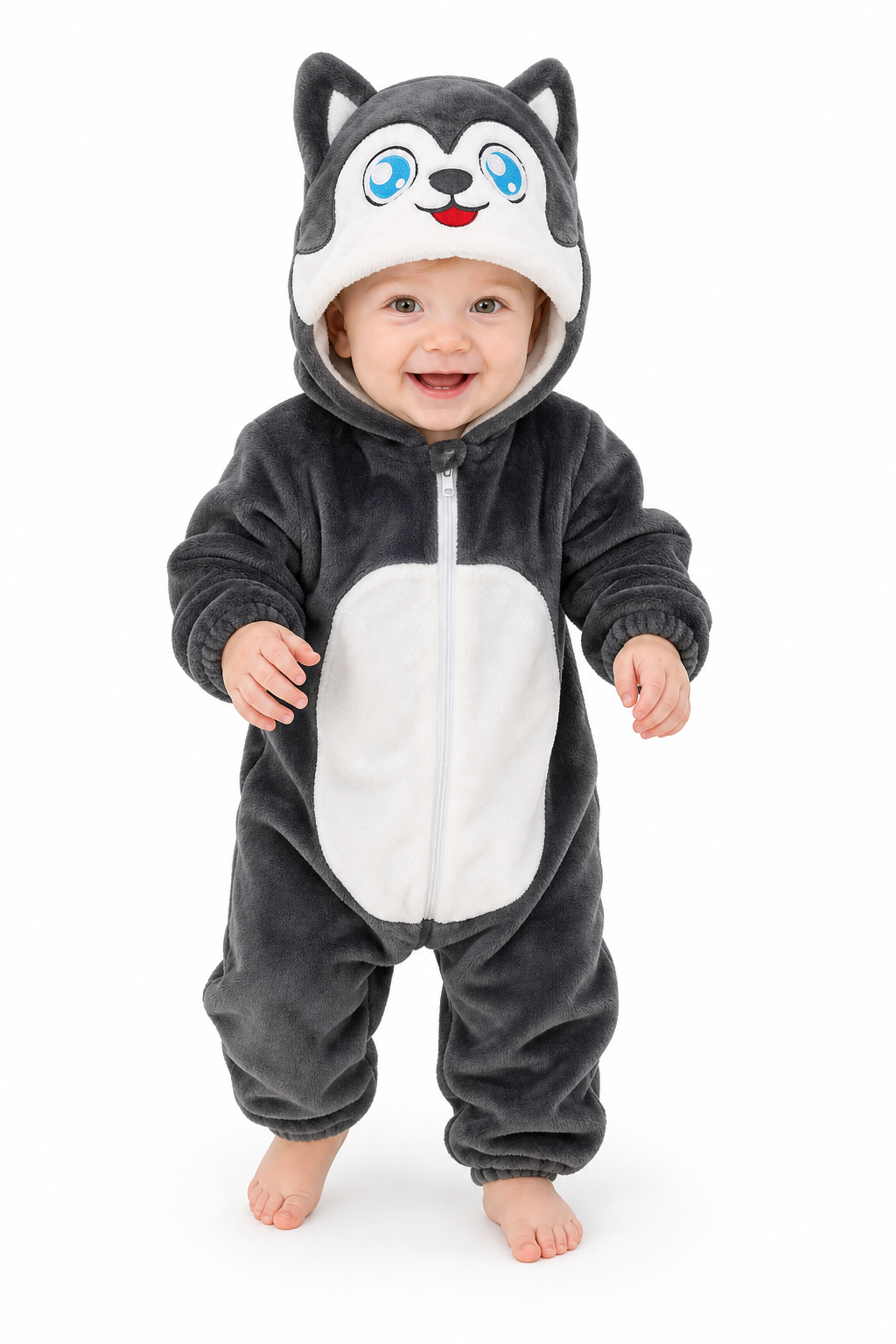Plush Grey Husky Hooded Infant Romper