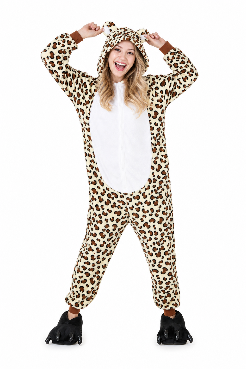 Plush Leopard Print Kigurumi with Hooded Ears