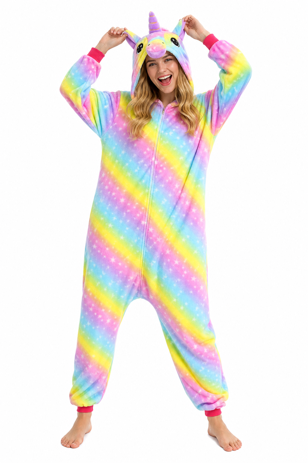 Plush Rainbow Unicorn Onesie with Star Pattern