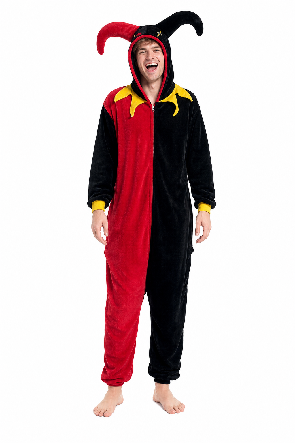 Plush Red and Black Jester Kigurumi with Hood