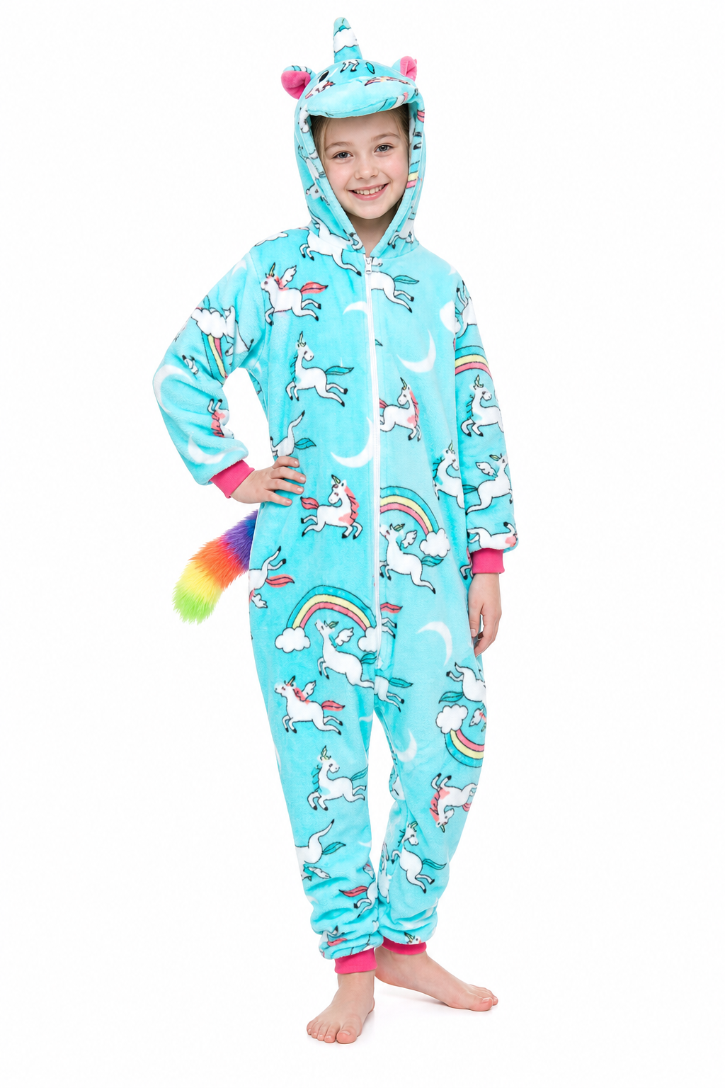 Plush Teal Unicorn Kids' Onesie with Rainbow Tail