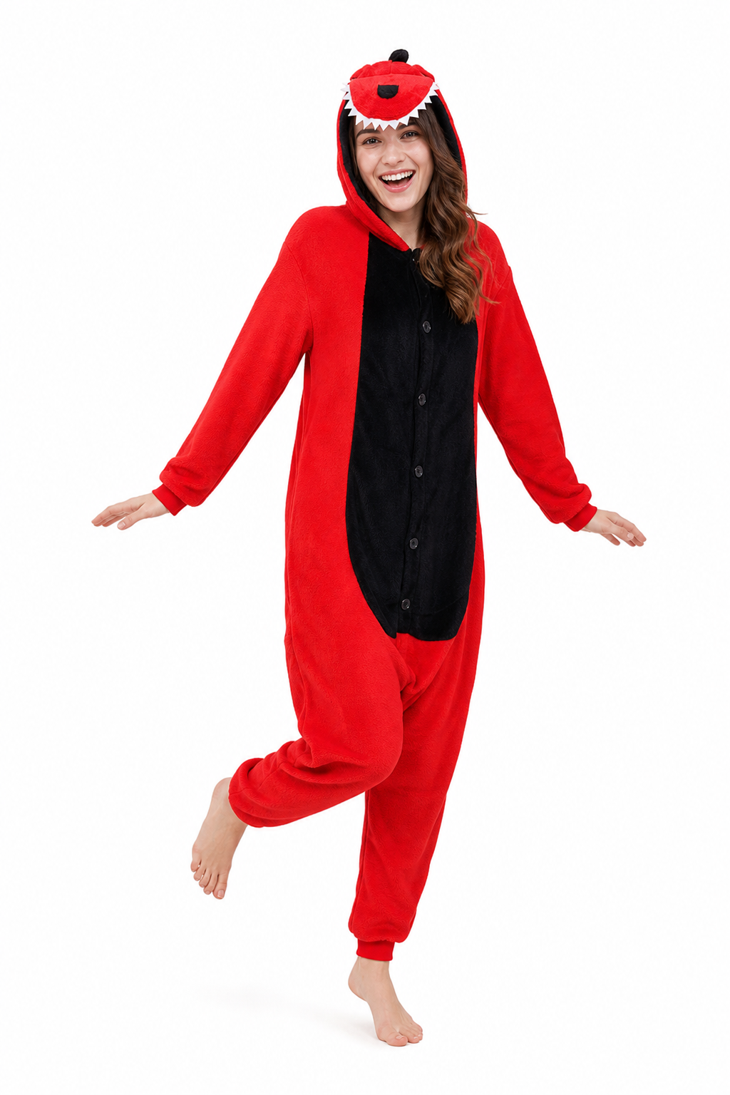 Red Monster Fleece Kigurumi with Shark Teeth Hood