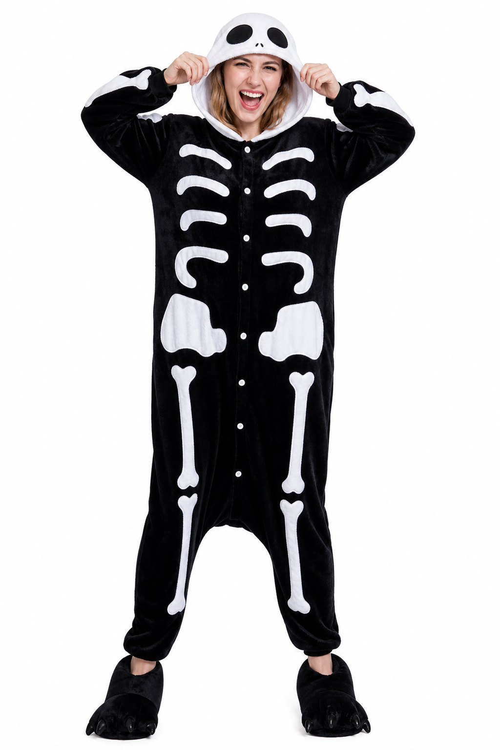 Unisex Hooded Plush Black and White Skeleton Kigurumi
