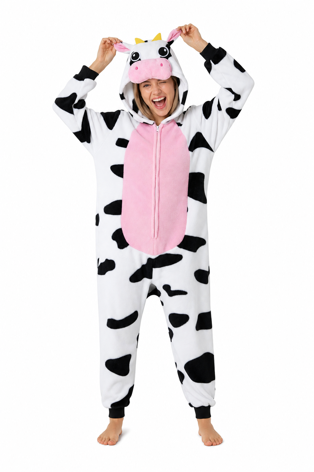 Unisex Plush Cow Kigurumi with Pink Belly