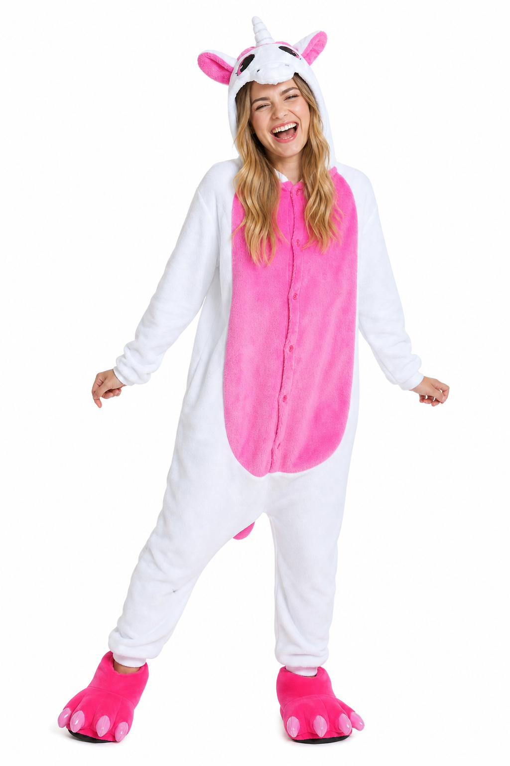 Unisex Plush White & Pink Unicorn Onesie with Paw Slippers