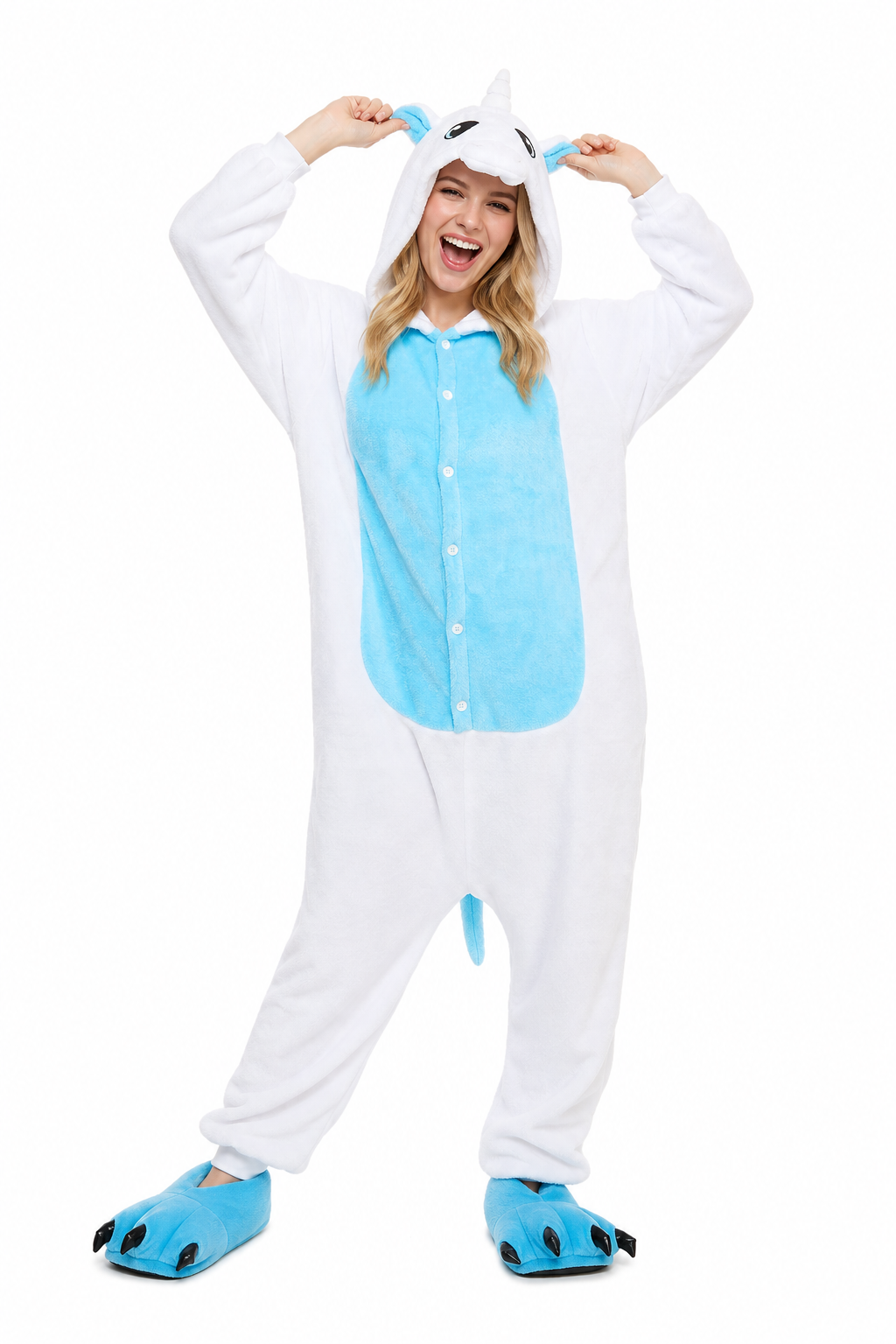 White Plush Unicorn Onesie with Blue Paw Slippers